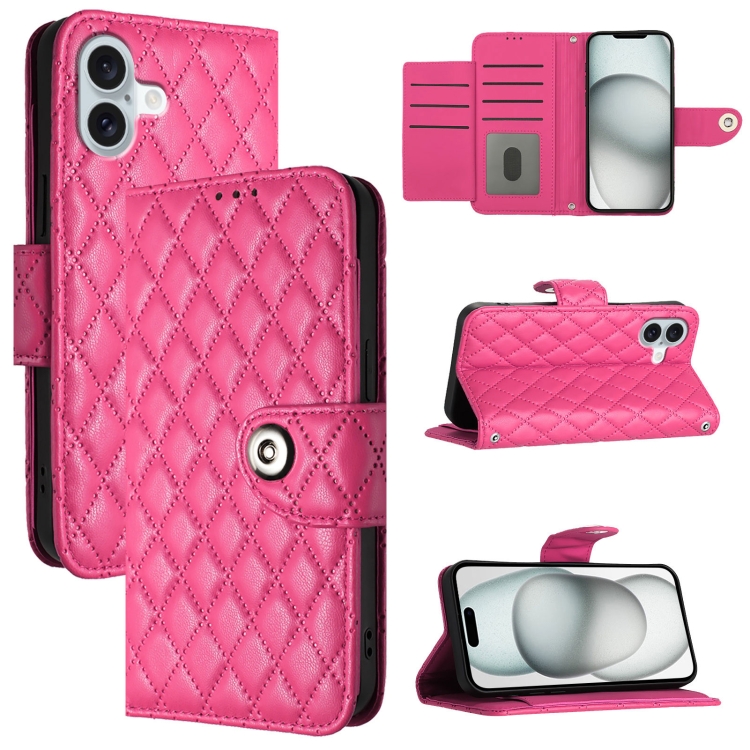 

For iPhone 16 Plus Rhombic Texture Flip Leather Phone Case with Lanyard(Rose Red)