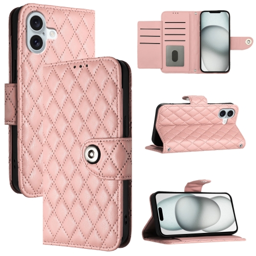 

For iPhone 16 Plus Rhombic Texture Flip Leather Phone Case with Lanyard(Coral Pink)