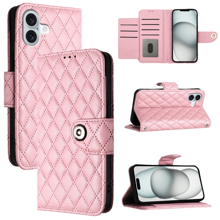 

For iPhone 16 Plus Rhombic Texture Flip Leather Phone Case with Lanyard(Pink)