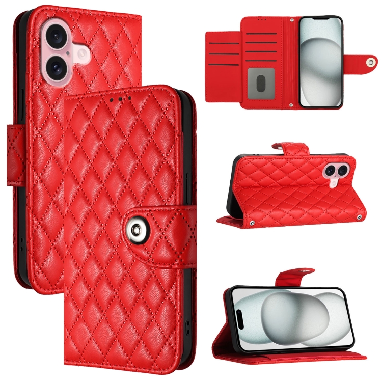 

For iPhone 16 Rhombic Texture Flip Leather Phone Case with Lanyard(Red)