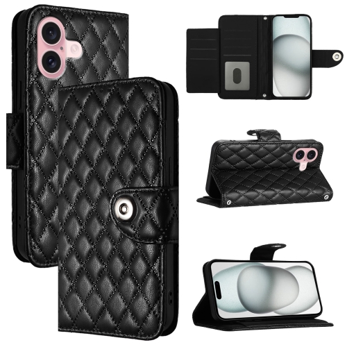 

For iPhone 16 Rhombic Texture Flip Leather Phone Case with Lanyard(Black)