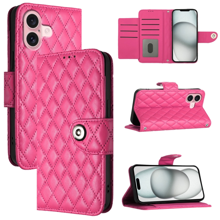 

For iPhone 16 Rhombic Texture Flip Leather Phone Case with Lanyard(Rose Red)