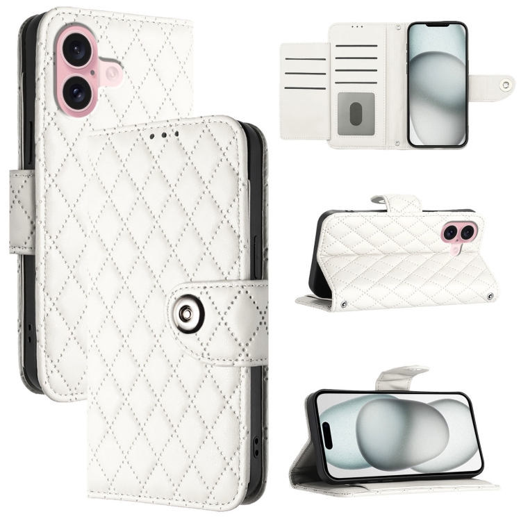 

For iPhone 16 Rhombic Texture Flip Leather Phone Case with Lanyard(White)
