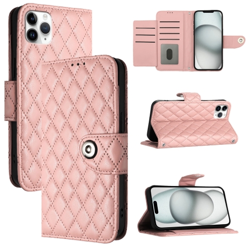 

For iPhone 11 Pro Max Rhombic Texture Flip Leather Phone Case with Lanyard(Coral Pink)