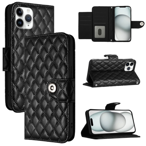 

For iPhone 11 Pro Rhombic Texture Flip Leather Phone Case with Lanyard(Black)