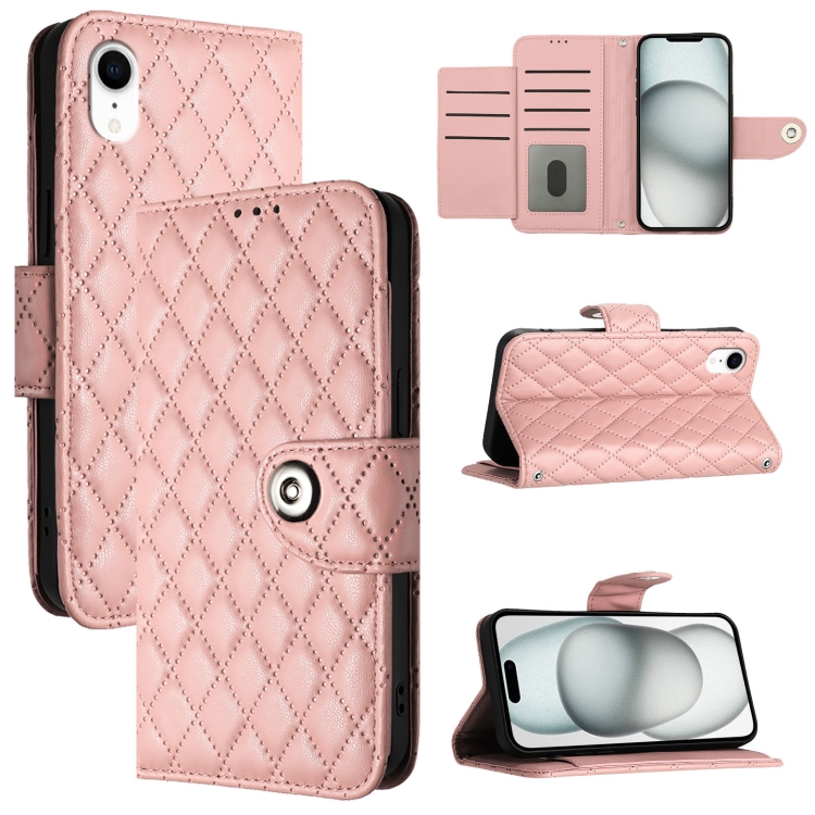 

For iPhone XR Rhombic Texture Flip Leather Phone Case with Lanyard(Coral Pink)