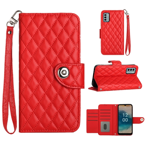 

For Nokia G22 Rhombic Texture Flip Leather Phone Case with Lanyard(Red)