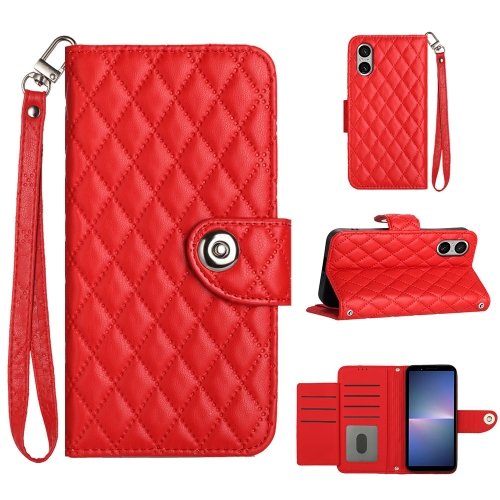 

For Sony Xperia 5 V Rhombic Texture Flip Leather Phone Case with Lanyard(Red)