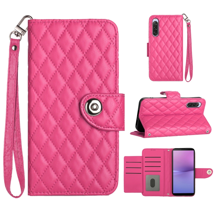 

For Sony Xperia 10 V Rhombic Texture Flip Leather Phone Case with Lanyard(Rose Red)