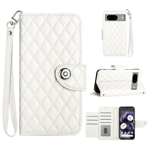 

For Google Pixel 8a Rhombic Texture Flip Leather Phone Case with Lanyard(White)