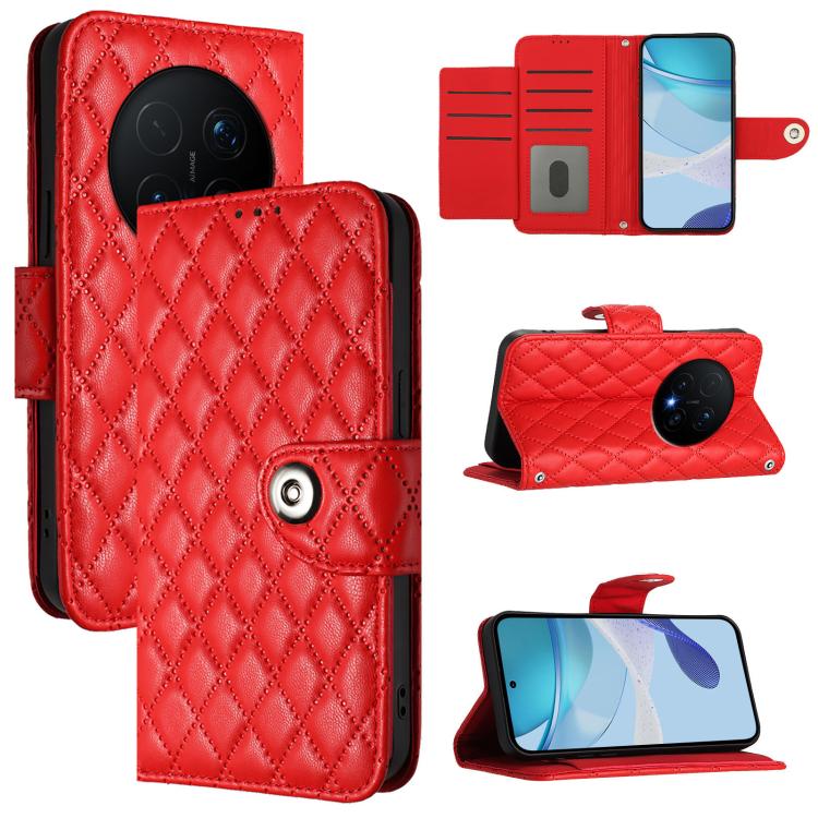 

For Honor Magic8 Pro Rhombic Texture Flip Leather Phone Case with Lanyard(Red)