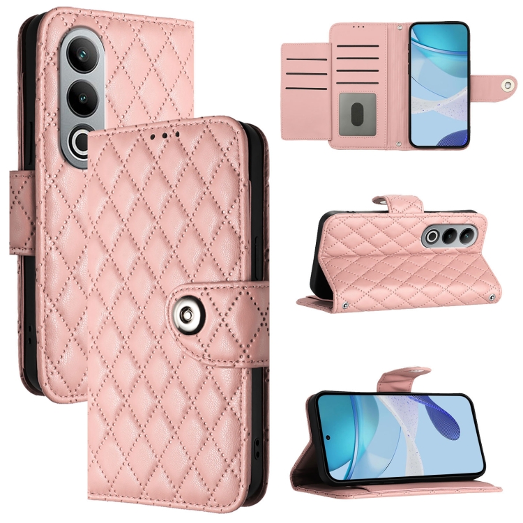 

For OnePlus Nord CE4 Rhombic Texture Flip Leather Phone Case with Lanyard(Coral Pink)