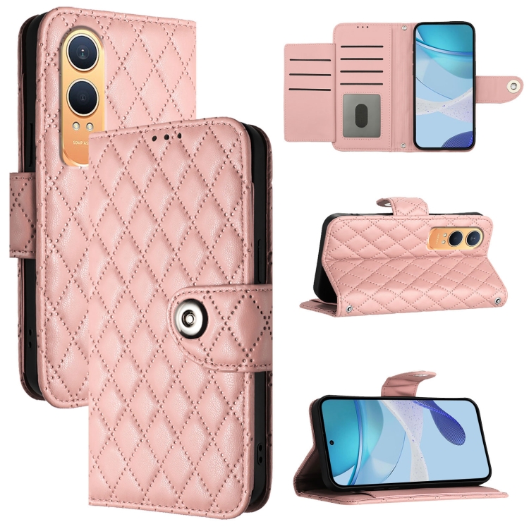 

For OnePlus Nord CE4 Lite Rhombic Texture Flip Leather Phone Case with Lanyard(Coral Pink)