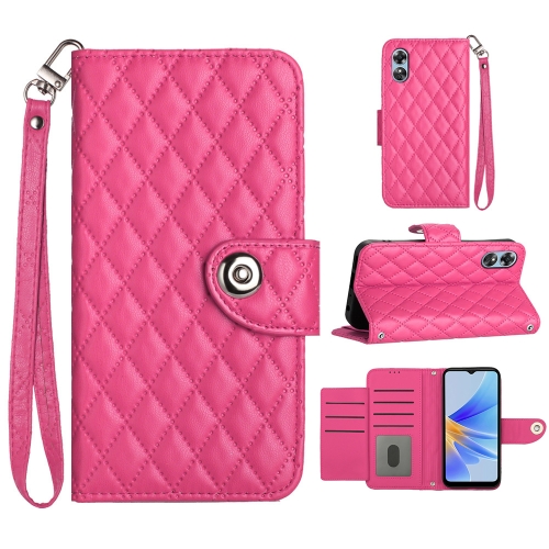 

For OPPO A17 Rhombic Texture Flip Leather Phone Case with Lanyard(Rose Red)