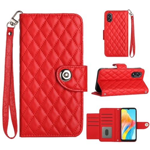 For OPPO A38 4G / A18 4G Rhombic Texture Flip Leather Phone Case with Lanyard(Red) korean made spring buckle 14k gold plated 8 shaped lobster buckle diy bracelet necklace connected with finishing buckle jewelry