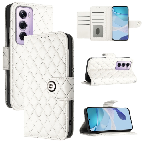 

For OPPO Reno12 Pro 5G Global Rhombic Texture Flip Leather Phone Case with Lanyard(White)