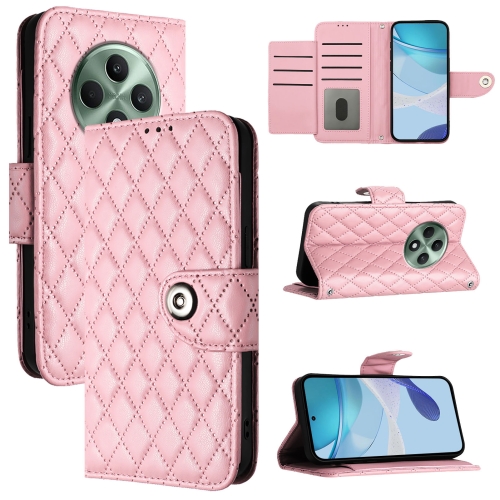 

For OPPO Reno12 F 5G Global Rhombic Texture Flip Leather Phone Case with Lanyard(Pink)