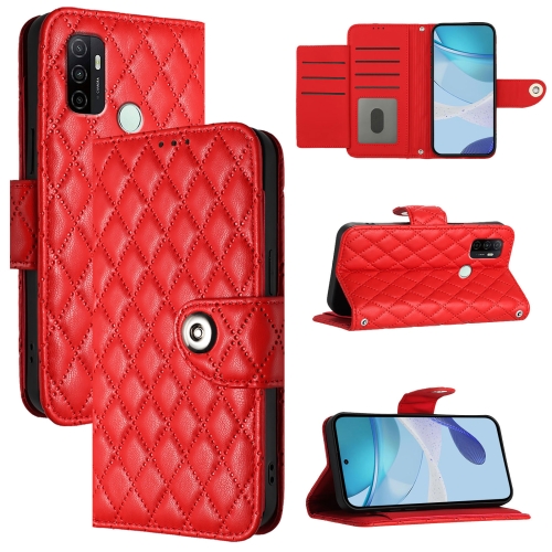 

For OPPO A32 2020 4G / A53 2020 4G Rhombic Texture Flip Leather Phone Case with Lanyard(Red)