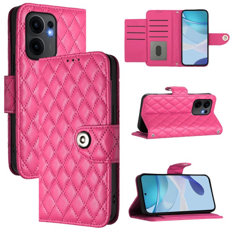 

For OPPO Reno13 F 5G Global Rhombic Texture Flip Leather Phone Case with Lanyard(Rose Red)