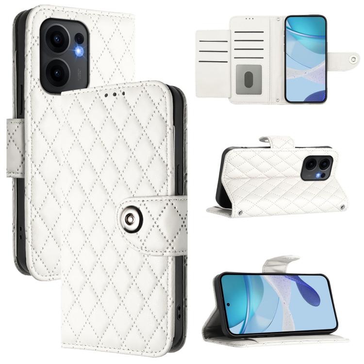 

For OPPO Reno13 F 5G Global Rhombic Texture Flip Leather Phone Case with Lanyard(White)