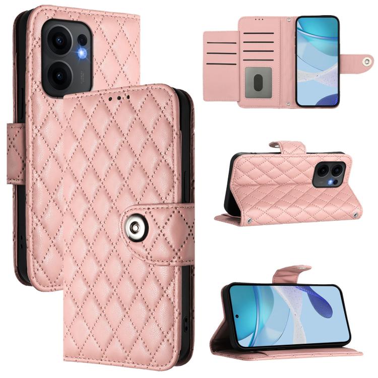 

For OPPO Reno13 F 5G Global Rhombic Texture Flip Leather Phone Case with Lanyard(Coral Pink)