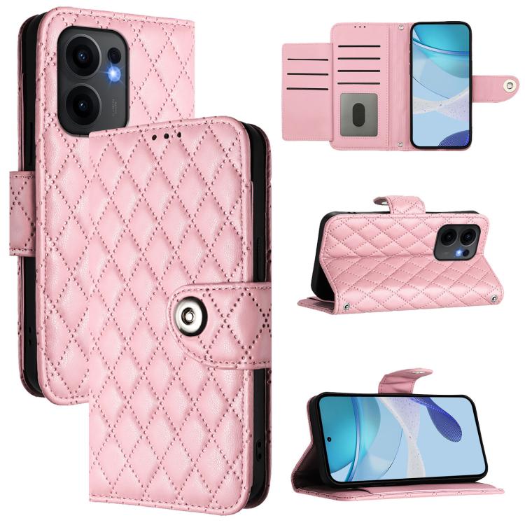 

For OPPO Reno13 F 5G Global Rhombic Texture Flip Leather Phone Case with Lanyard(Pink)