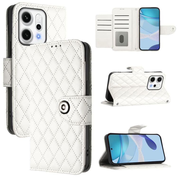 

For OPPO Reno14 Pro 5G Global Rhombic Texture Flip Leather Phone Case with Lanyard(White)