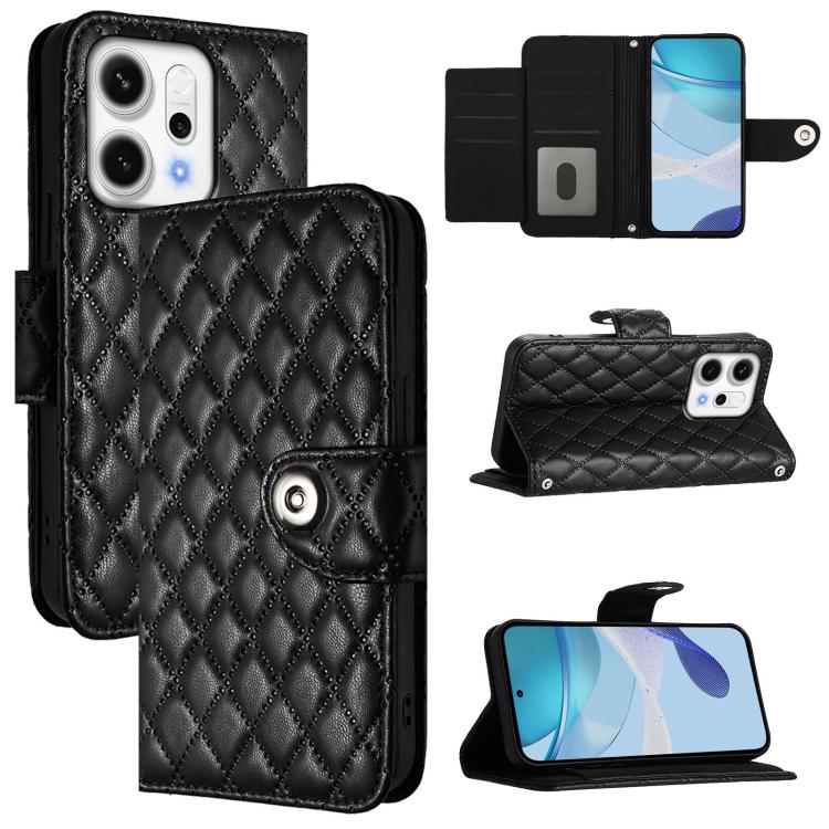 

For OPPO Reno14 5G Global Rhombic Texture Flip Leather Phone Case with Lanyard(Black)