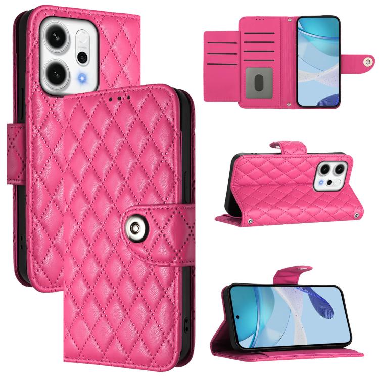 

For OPPO Reno14 5G Global Rhombic Texture Flip Leather Phone Case with Lanyard(Rose Red)