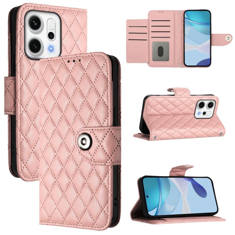 

For OPPO Reno14 5G Global Rhombic Texture Flip Leather Phone Case with Lanyard(Coral Pink)