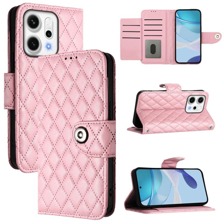 

For OPPO Reno14 5G Global Rhombic Texture Flip Leather Phone Case with Lanyard(Pink)