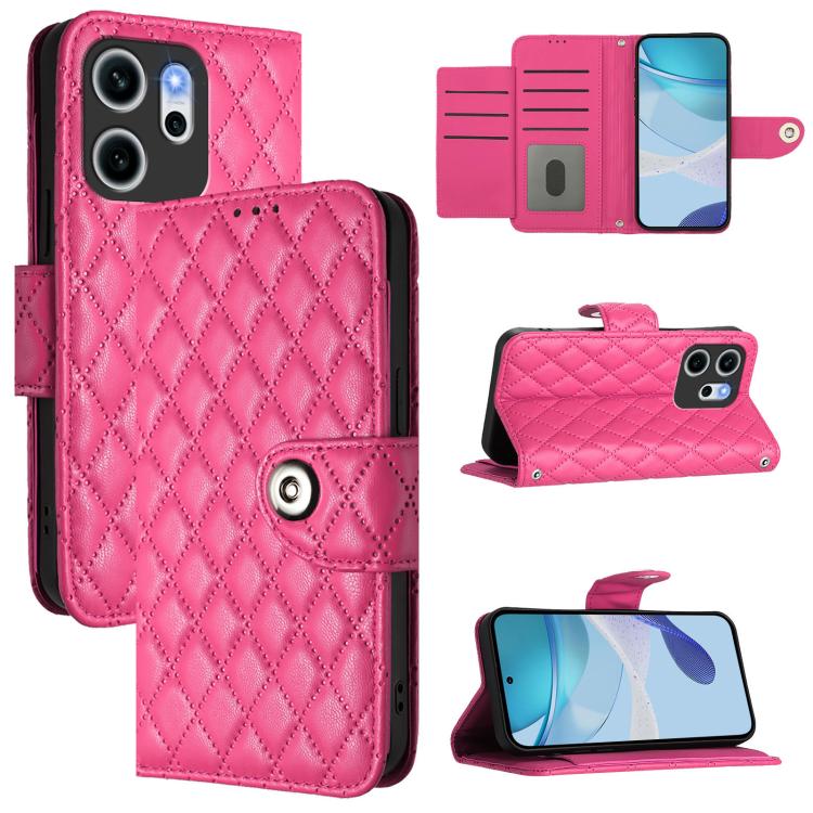 

For OPPO Reno14 F 5G Rhombic Texture Flip Leather Phone Case with Lanyard(Rose Red)