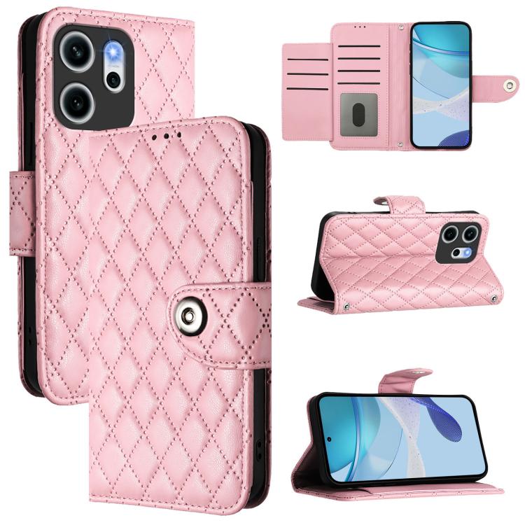 

For OPPO Reno14 F 5G Rhombic Texture Flip Leather Phone Case with Lanyard(Pink)