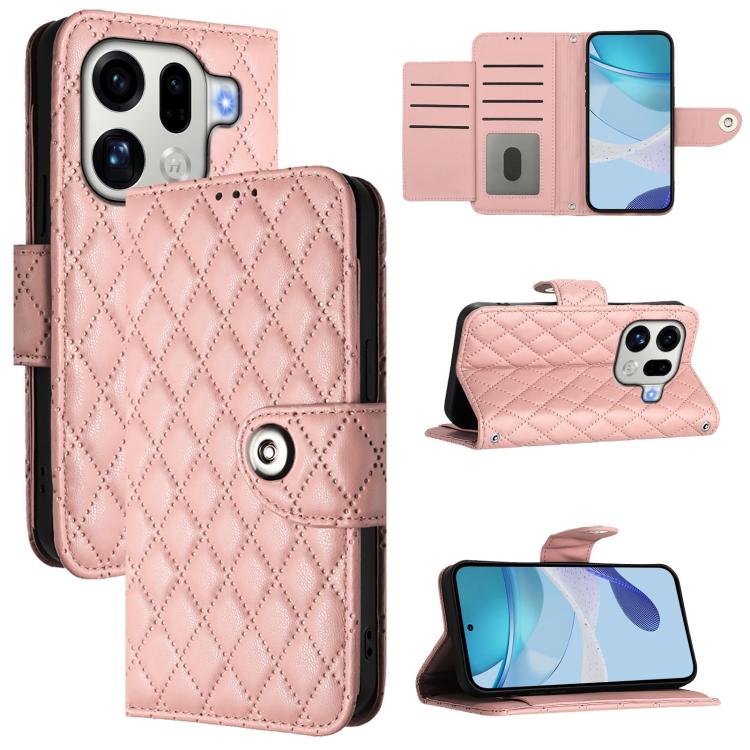 

For OPPO Find X9 Pro Rhombic Texture Flip Leather Phone Case with Lanyard(Coral Pink)