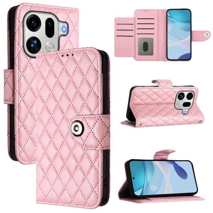 

For OPPO Find X9 Pro Rhombic Texture Flip Leather Phone Case with Lanyard(Pink)