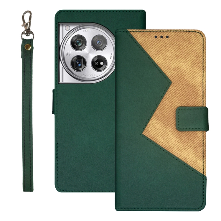 

For OnePlus 12 idewei Two-color Splicing Leather Phone Case(Green)