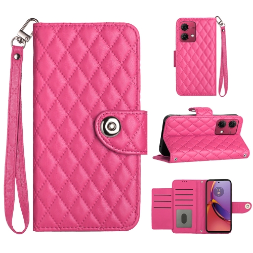 

For Motorola Moto G84 Rhombic Texture Flip Leather Phone Case with Lanyard(Rose Red)