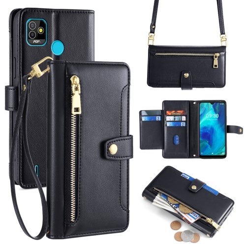 

For Tecno Pop 5 Sheep Texture Cross-body Zipper Wallet Leather Phone Case(Black)