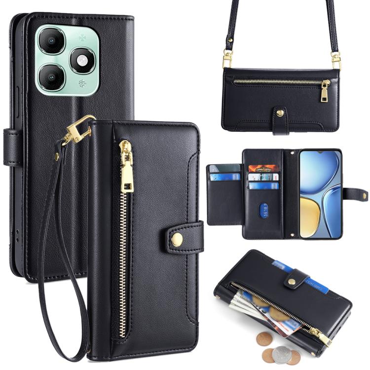 

For itel A90 4G Sheep Texture Cross-body Zipper Wallet Leather Phone Case(Black)