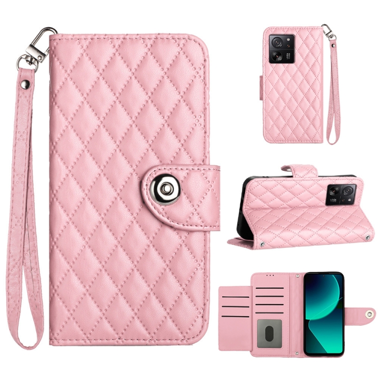 

For Xiaomi 13T / 13T Pro Rhombic Texture Flip Leather Phone Case with Lanyard(Pink)