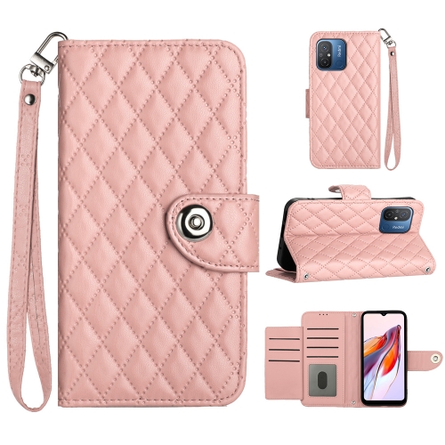 

For Xiaomi Redmi 12C / 11A / Poco C55 Rhombic Texture Flip Leather Phone Case with Lanyard(Coral Pink)