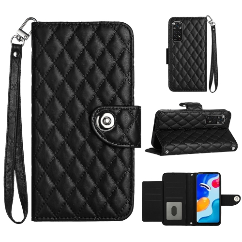 

For Xiaomi Redmi Note 11S / Note 11 Global Rhombic Texture Flip Leather Phone Case with Lanyard(Black)