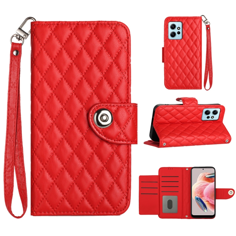 

For Xiaomi Redmi Note 12 4G Rhombic Texture Flip Leather Phone Case with Lanyard(Red)