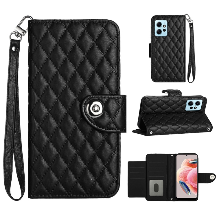 

For Xiaomi Redmi Note 12 4G Rhombic Texture Flip Leather Phone Case with Lanyard(Black)