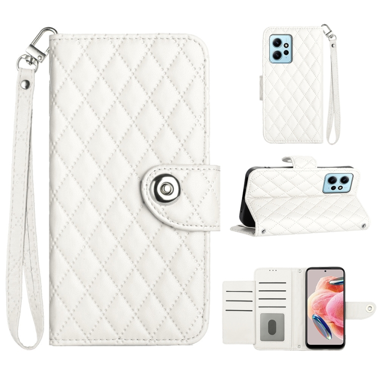 

For Xiaomi Redmi Note 12 4G Rhombic Texture Flip Leather Phone Case with Lanyard(White)