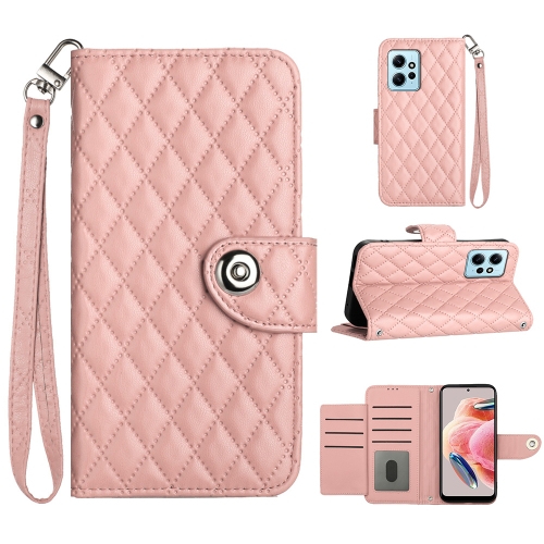 

For Xiaomi Redmi Note 12 4G Rhombic Texture Flip Leather Phone Case with Lanyard(Coral Pink)