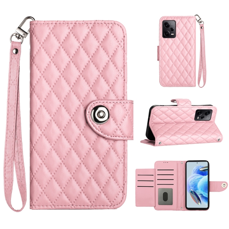 

For Xiaomi Redmi Note 12 Pro+ 5G Rhombic Texture Flip Leather Phone Case with Lanyard(Pink)