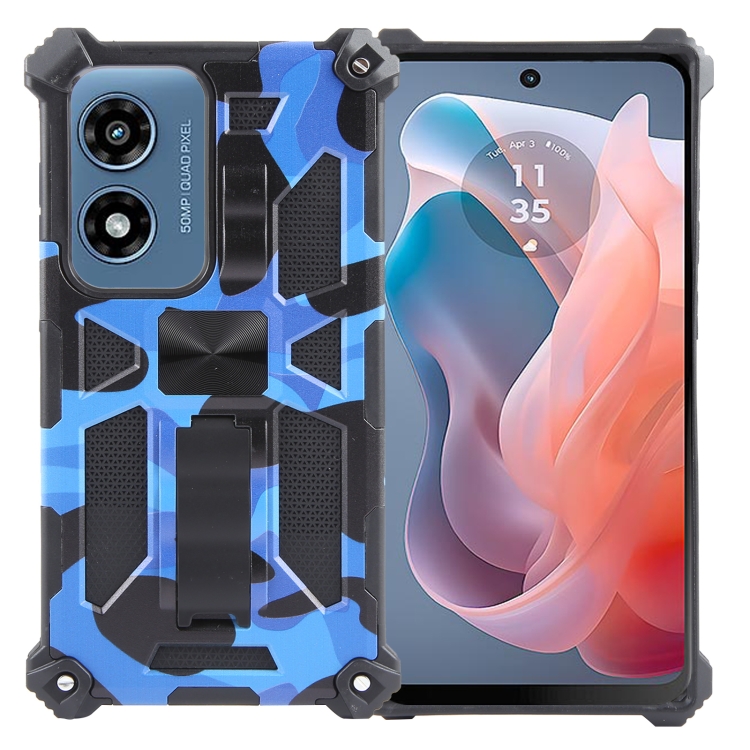 

For Motorola Moto G Play 4G 2024 Camouflage Armor Kickstand TPU + PC Magnetic Phone Case(Dark Blue)