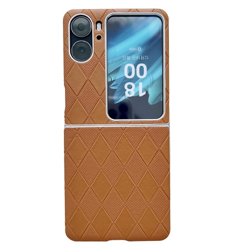 

For OPPO Find N2 Flip Pearlescent Paint Diamond Shaped Checkered Leather Phone Case(Brown)