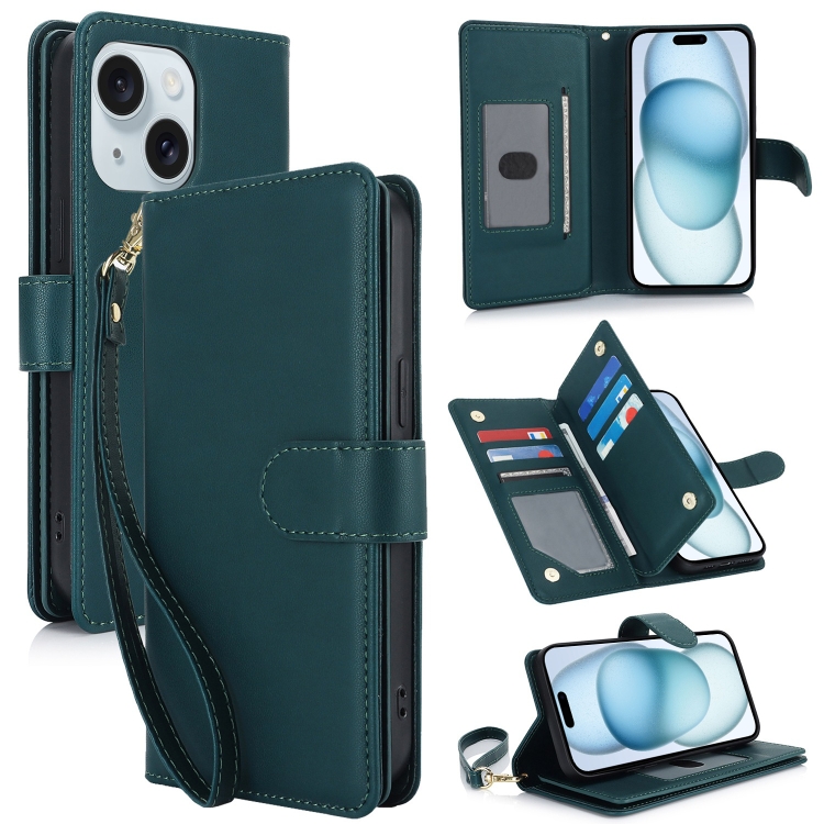 

For iPhone 15 Plus Multi-Card Wallet RFID Leather Phone Case(Green)